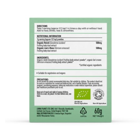 Organic Myco Zen Reishi si Lions Mane 1000 mg Pure Grade Extracts Powder (60 grame), MushroomsForLife