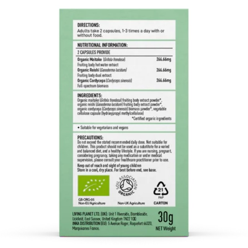 Organic Mycomplex 800 mg Reishi, Cordyceps si Maitake (60 capsule), MushroomsForLife