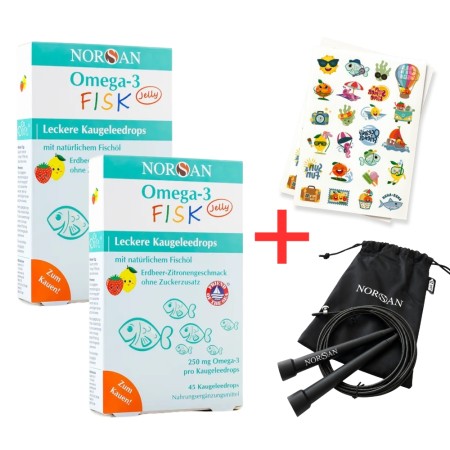 Pachet 2x Omega 3 FISK Jeleuri (45 bucati), Norsan + Tatuaje temporare pentru copii + Coarda de sarit