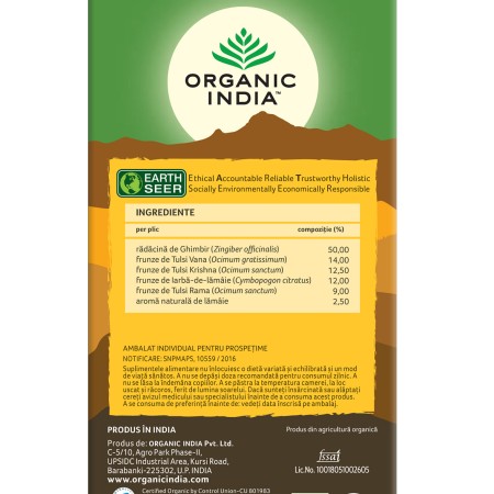 Ceai Tulsi Lamaie si Ghimbir (25 plicuri infuzie) , Organic India