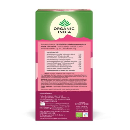Ceai Tulsi Energy, Amestec Adaptogen Energizant Natural (25 plicuri infuzie), Organic India