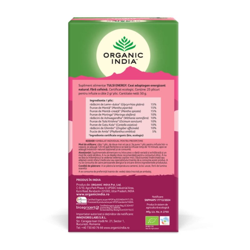 Ceai Tulsi Energy, Amestec Adaptogen Energizant Natural (25 plicuri infuzie), Organic India