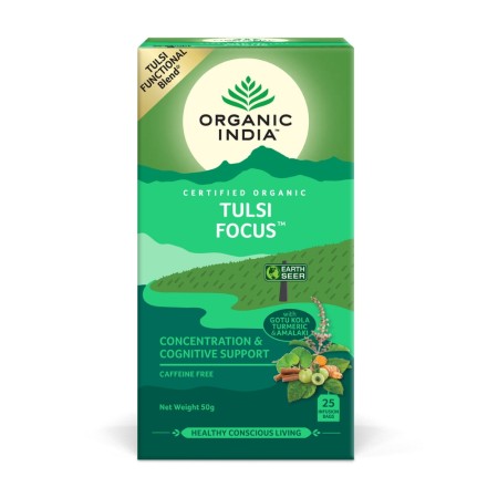 Ceai Tulsi Focus, Amestec Adaptogen pentru Concentrare si Sprijin Cognitiv (25 plicuri infuzie), Organic India