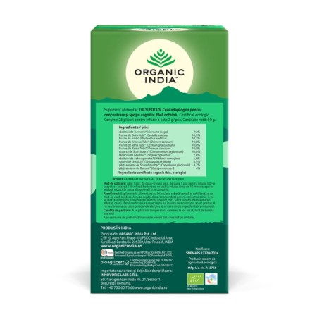 Ceai Tulsi Focus, Amestec Adaptogen pentru Concentrare si Sprijin Cognitiv (25 plicuri infuzie), Organic India