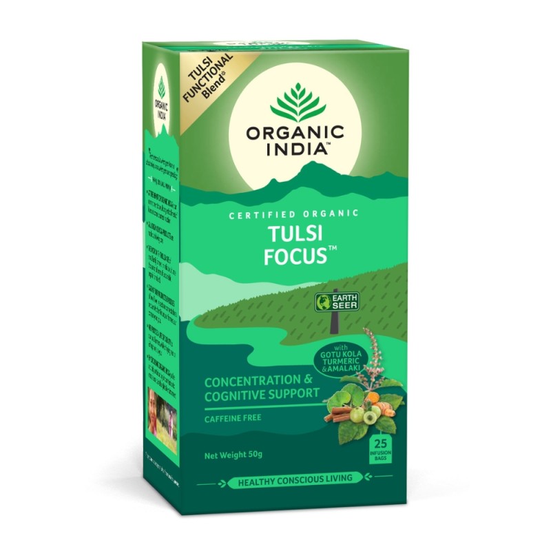 Ceai Tulsi Focus, Amestec Adaptogen pentru Concentrare si Sprijin Cognitiv (25 plicuri infuzie), Organic India