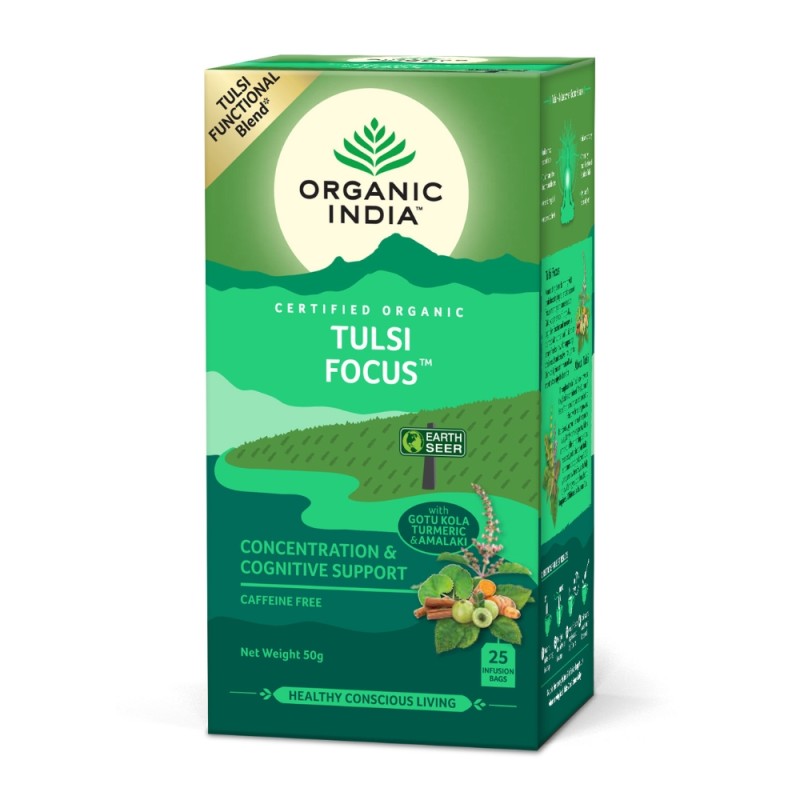 Ceai Tulsi Focus, Amestec Adaptogen pentru Concentrare si Sprijin Cognitiv (25 plicuri infuzie), Organic India
