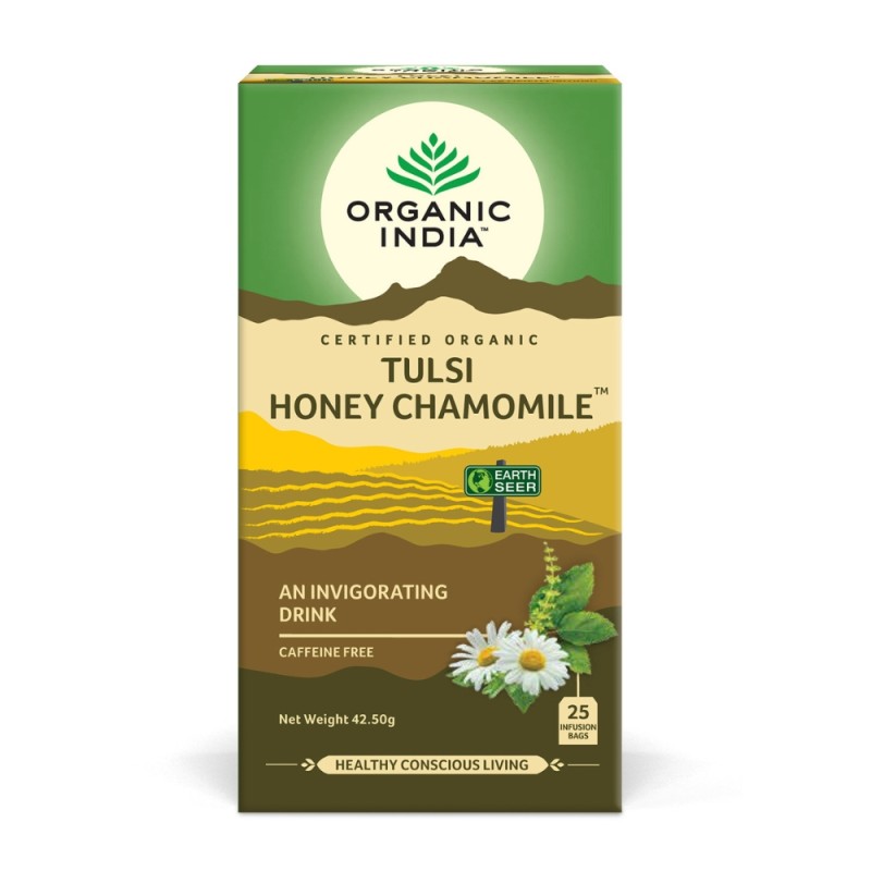 Ceai Tulsi Miere Mușețel, Amestec Adaptogen Revigorant (25 plicuri infuzie), Organic India