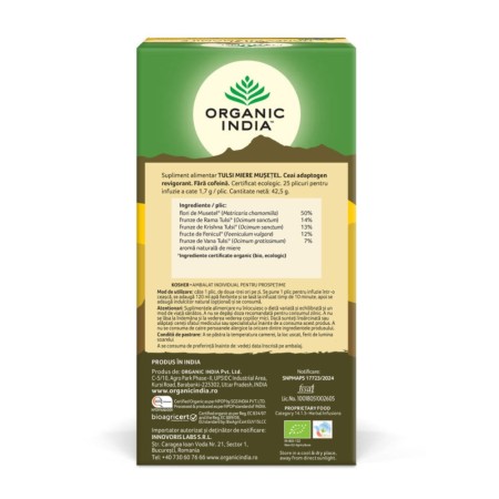 Ceai Tulsi Miere Mușețel, Amestec Adaptogen Revigorant (25 plicuri infuzie), Organic India