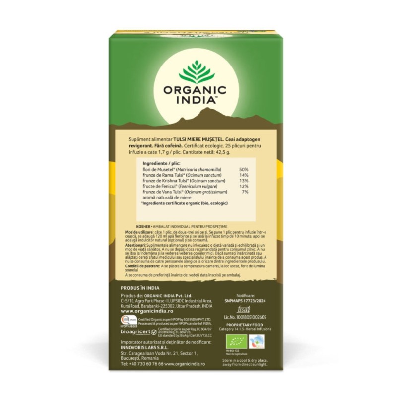 Ceai Tulsi Miere Mușețel, Amestec Adaptogen Revigorant (25 plicuri infuzie), Organic India