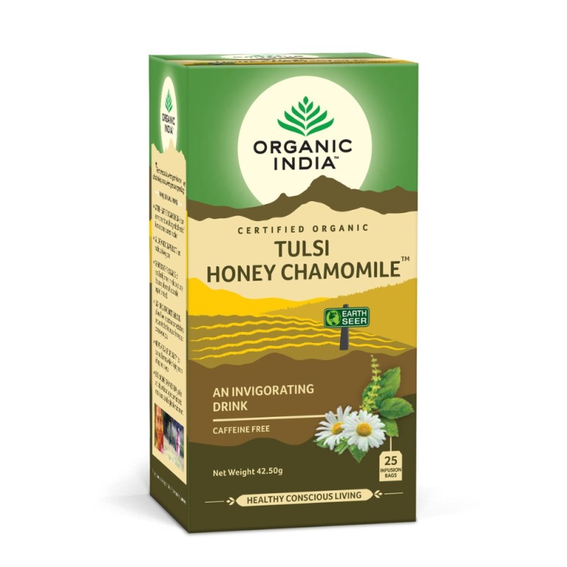 Ceai Tulsi Miere Mușețel, Amestec Adaptogen Revigorant (25 plicuri infuzie), Organic India
