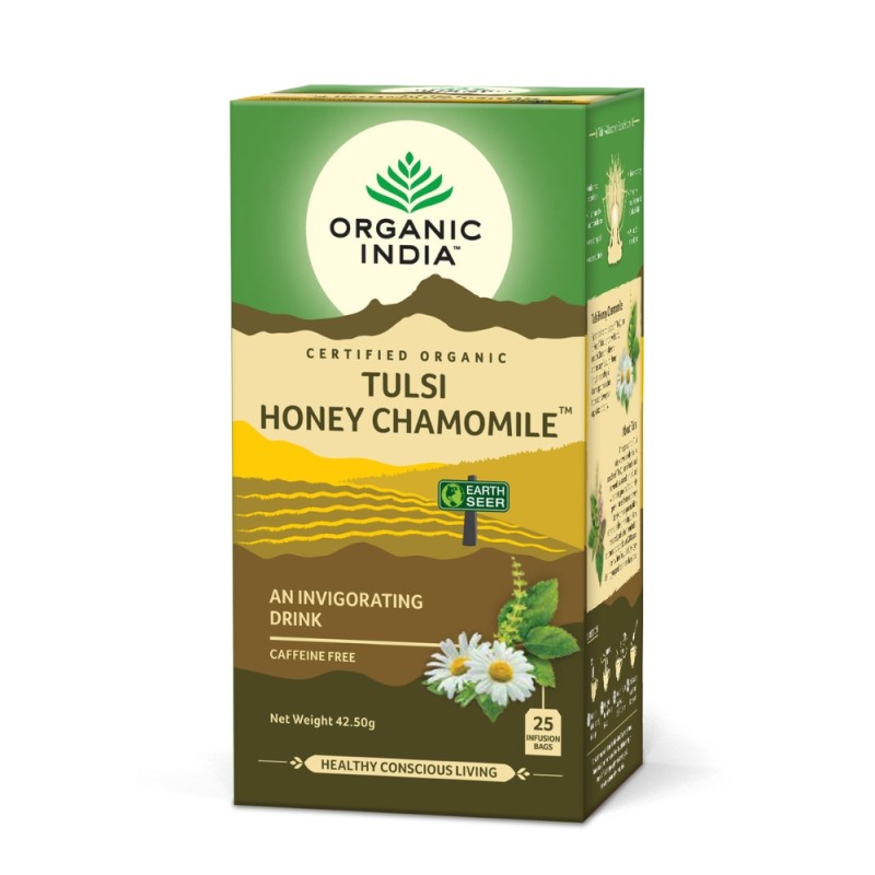 Ceai Tulsi Miere Mușețel, Amestec Adaptogen Revigorant (25 plicuri infuzie), Organic India