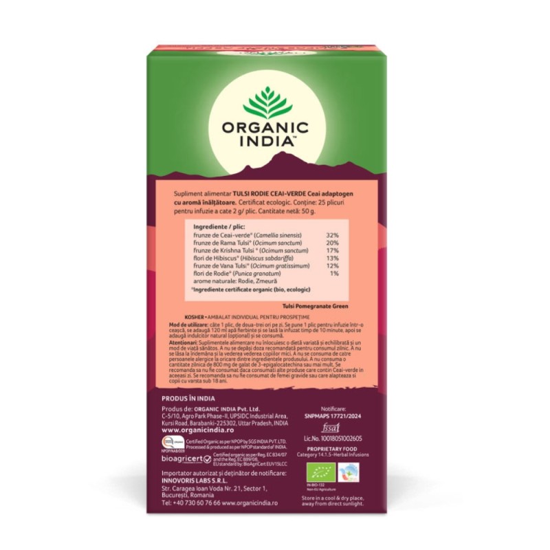Ceai Tulsi Rodie Ceai Verde, O Gură Divină de Savoare (25 plicuri infuzie), Organic India