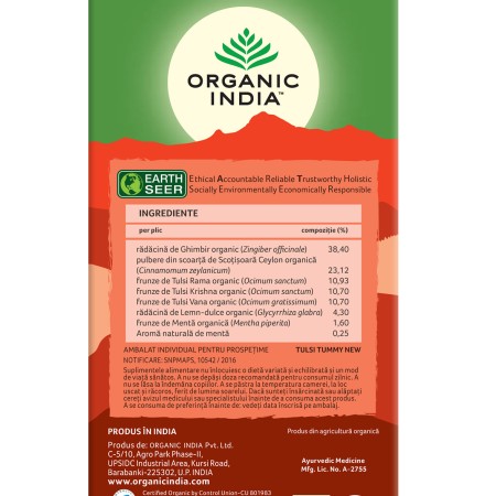 Ceai Tulsi Tummy - digestiv cu plante linistitoare si condimente (25 plicuri infuzie) , Organic India