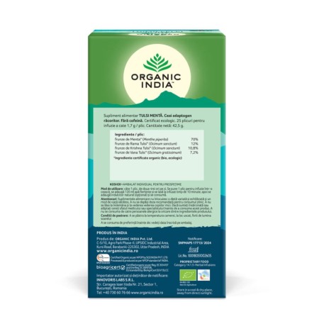 Ceai Tulsi Mentă, Amestec Adaptogen Reîmprospătant (25 plicuri infuzie), Organic India