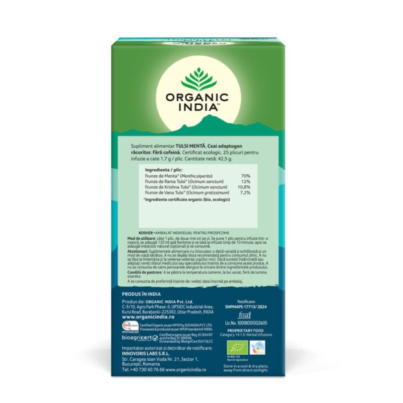 Ceai Tulsi Mentă, Amestec Adaptogen Reîmprospătant (25 plicuri infuzie), Organic India
