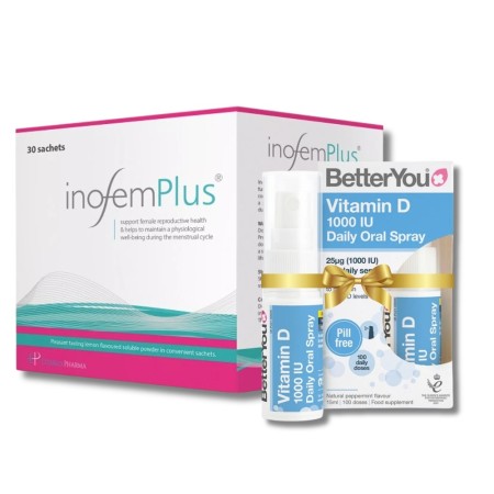 Pachet Inofem Plus (30 pliculeţe), Establo Pharma + Vitamina D1000 Spray Oral (15 ml), BetterYou