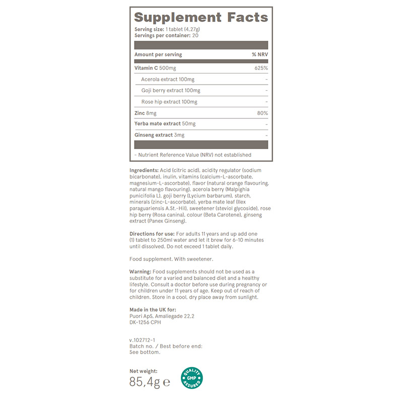 Puori C3 Vitamina C 500mg (20 comprimate efervescente), Puori