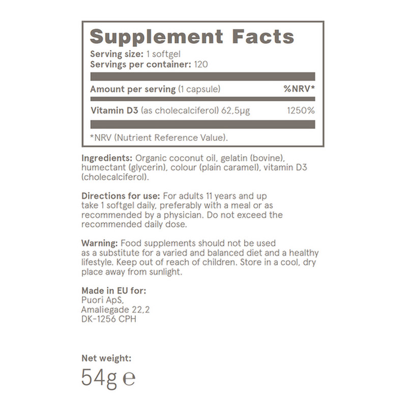 Puori Vitamina D3 2500UI (120 capsule), Puori
