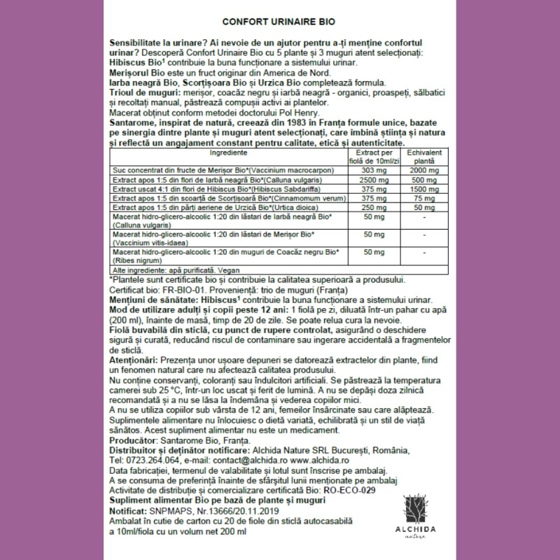 Confort Urinaire Bio (20 fiole), Santarome