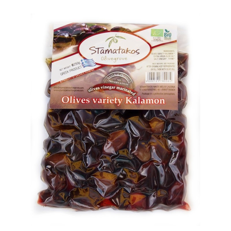 Masline Kalamata vidate marinate in otet bio (250 grame), Stamatakos
