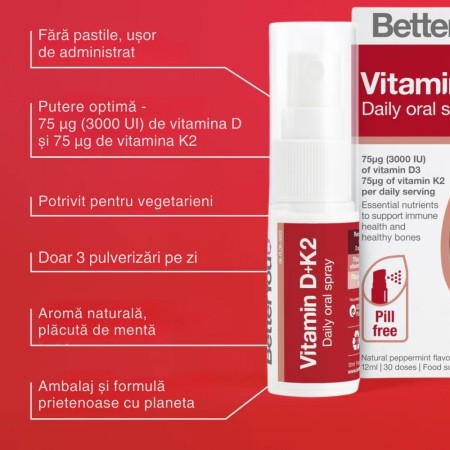 Economy Pack Vitamina D3+K2 3000UI+75μg Spray Oral (12 ml), BetterYou