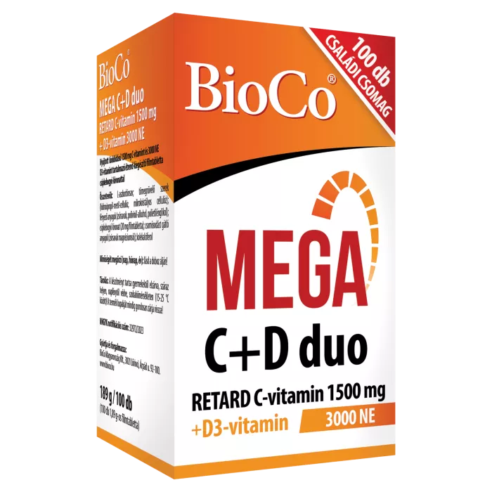 MEGA C+D DUO, Vitamina C 1500mg + Vitamina D3 3000 UI (100 comprimate filmate), BioCo