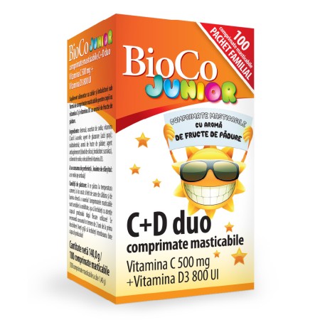 C+D DUO Junior Vitamina C 500mg + Vitamina D3 800UI (100 comprimate masticabile), BioCo