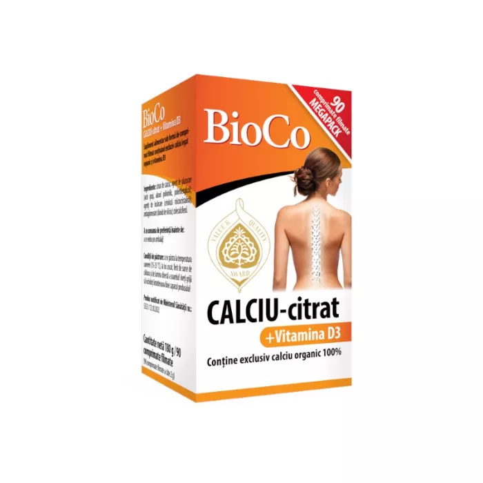 Citrat de Calciu 350mg + Vitamina D3 5mcg (90 comprimate filmate), BioCo