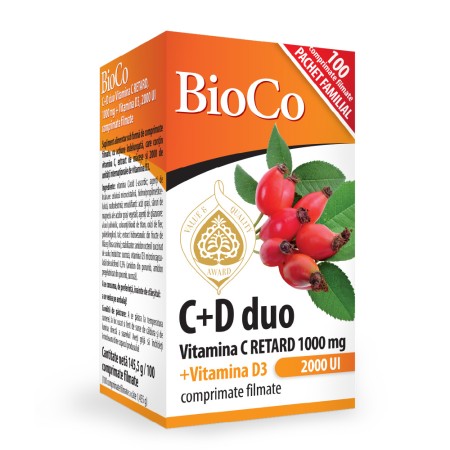 C+D DUO Vitamina C 1000mg retard + Vitamina D3 2000UI (100 comprimate filmate), BioCo