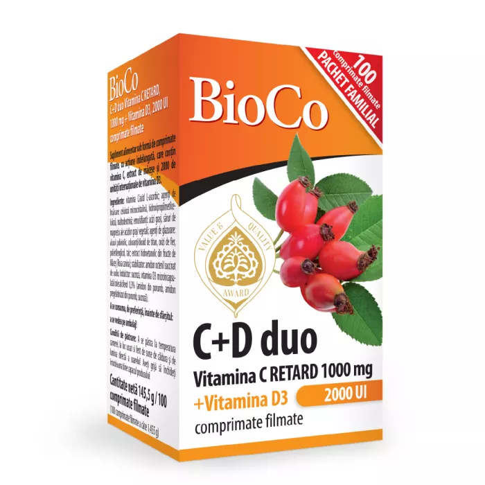C+D DUO Vitamina C 1000mg retard + Vitamina D3 2000UI (100 comprimate filmate), BioCo