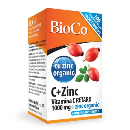 Vitamina C 1000mg retard + Zinc organic 15mg (100 comprimate filmate), BioCo