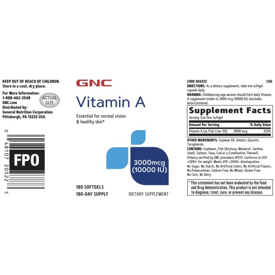 Gnc Vitamin A 3000 Mcg (10000 Ui), Vitamina A 180 Cps