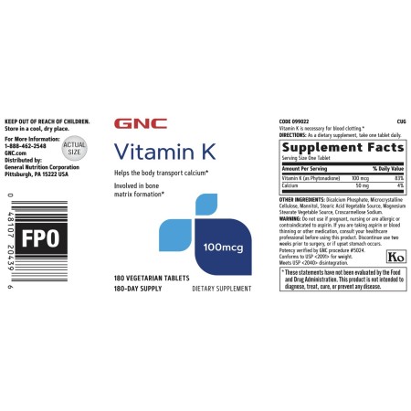 Gnc Vitamin K 100 Mcg, Vitamina K, 180 Tb