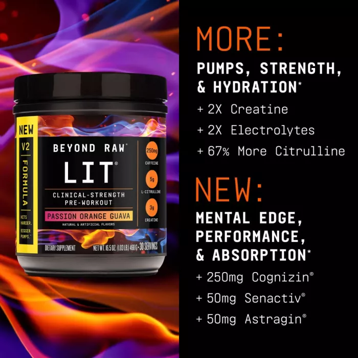Gnc Beyond Raw Lit V2 Pre-workout With Passion Orange Guava Flavor, Pre-workout Cu Aroma De Passion Orange Guava, 468 G