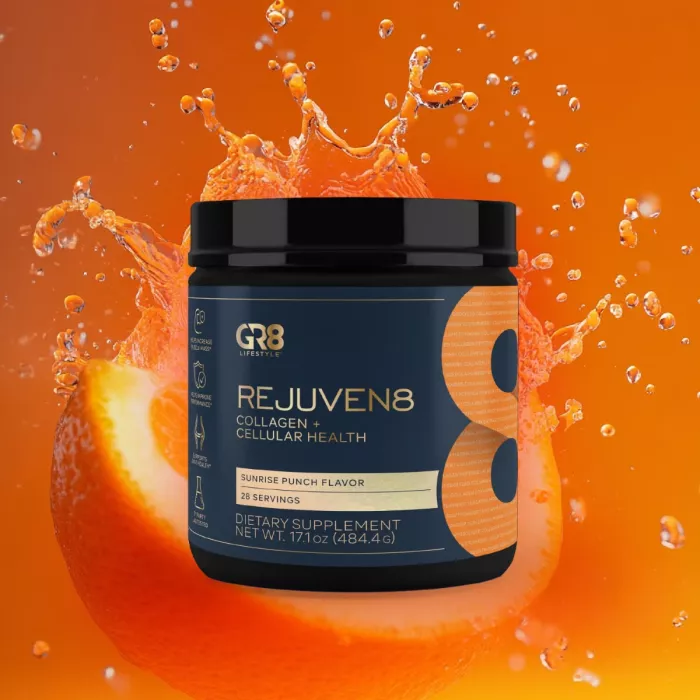 Gr8 Lifestyle Rejuven8 Collagen And Cellular Health With Sunrise Punch Flavor, Formula Pentru Sanatatea Pielii, Articulatiilor Si Regenerare Celulara, Cu Aroma De Sunrise Punch, 484.4 G