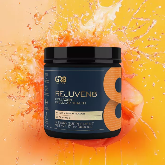 Gr8 Lifestyle Rejuven8 Collagen And Cellular Health With Passion Peach Flavor, Formula Pentru Sanatatea Pielii, Articulatiilor Si Regenerare Celulara, Cu Aroma De Passion Peach, 484.4 G