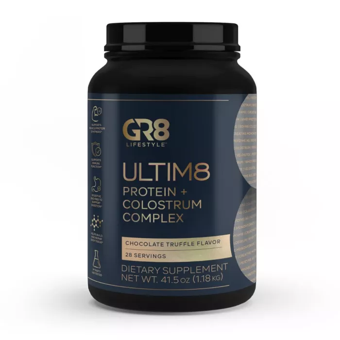 Gr8 Lifestyle Ultim8 Protein And Colostrum Complex With Chocolate Truffle Flavor, Proteina Si Complex Cu Colostru, Cu Aroma De Trufe De Ciocolata, 1.18 Kg