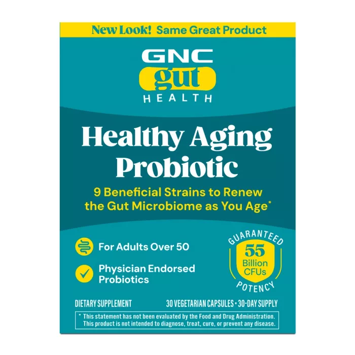 Gnc Gut Health Healthy Aging Probiotic For Adult Over 50, Probiotic Studiat Clinic, 55 Miliarde Ufc Culturi Vii, Pentru Digestie, Microbiom Si Longevitate, Destinat Adultilor Peste 50 De Ani, 30 Cps