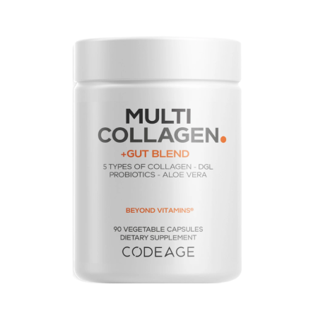 Codeage Multi Collagen + Gut Blend Collagen Peptides + Probiotics, Formula Pentru Suport Digestiv Cu Colagen De 5 Tipuri Si Probiotice, 90 Cps