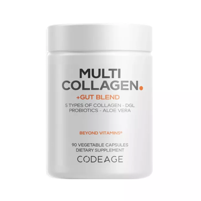 Codeage Multi Collagen + Gut Blend Collagen Peptides + Probiotics, Formula Pentru Suport Digestiv Cu Colagen De 5 Tipuri Si Probiotice, 90 Cps