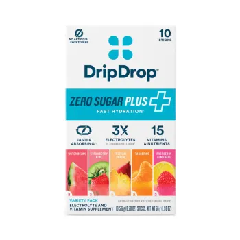 Dripdrop Zero Sugar Plus+ Electrolyte Drink Mix, Variety Pack Flavors, Hidratare Avansata Fara Zahar, Cu Electroliti Si 15 Vitamine, 10 X 5.6 G