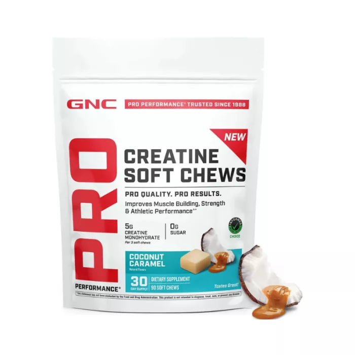 Gnc Pro Performance Creatine Monohydrate Soft Chews, Creatina Monohidrata Cu Aroma De Cocos Si Caramel, 90 Caramele