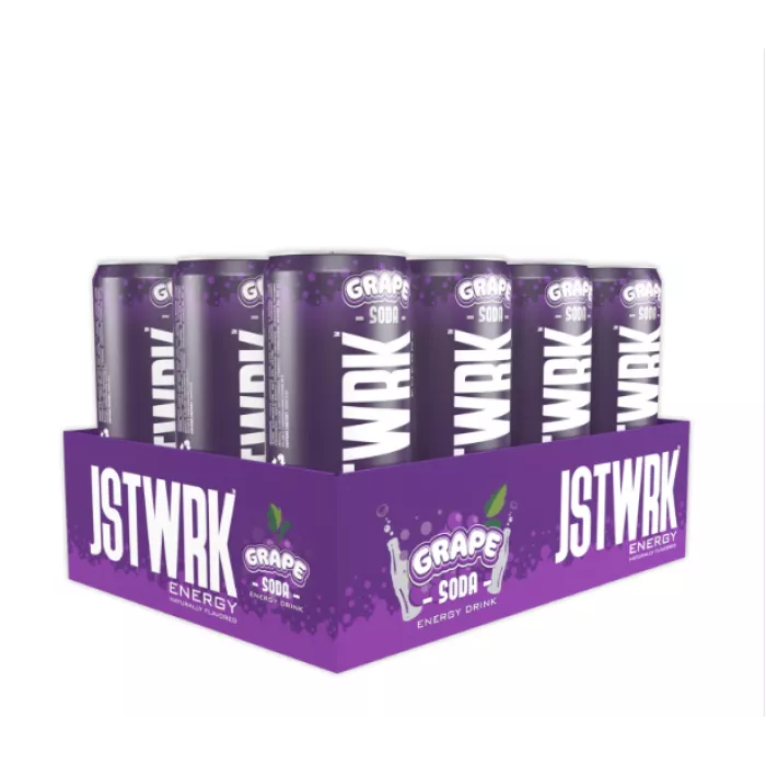 Jst Wrk Energy Drink, Bautura Energizanta Carbogazoasa Cu Aroma De Struguri, 355 Ml