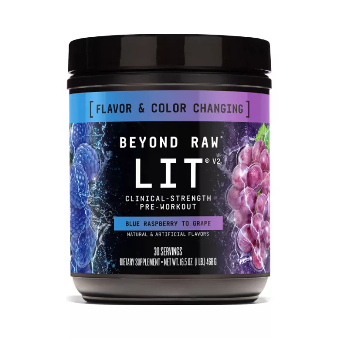 Beyond Raw Lit V2 Pre-workout With Blue Raspberry To Grape Flavor, Pre-workout Cu Aroma De Zmeura Albastra Si Strugure, 468 G