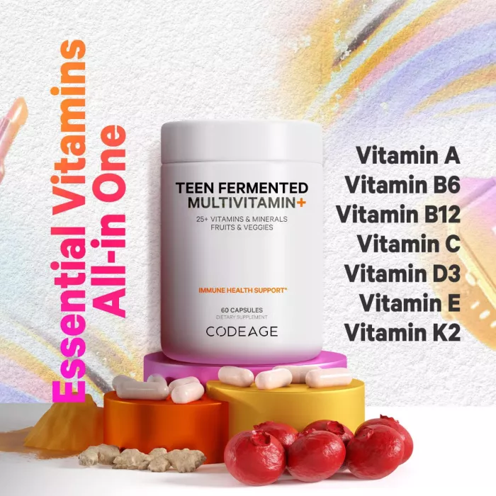 Codeage Teen Fermented Vegan Multivitamin, Multivitamine Vegane Fermentate Pentru Adolescenti, 60 Cps