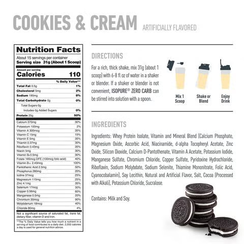 Isopure Zero Carb Protein Powder, Proteina Izolata Din Zer, Cu Aroma De Biscuiti Si Crema, 465 G