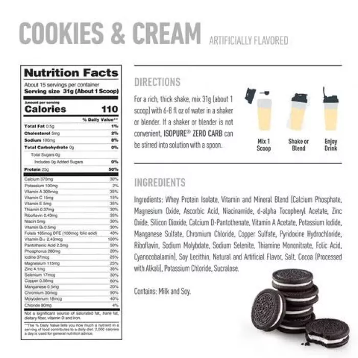 Isopure Zero Carb Protein Powder, Proteina Izolata Din Zer, Cu Aroma De Biscuiti Si Crema, 465 G