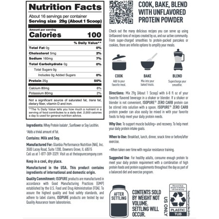 Isopure Zero Carb Protein Powder, Proteina Izolata Din Zer, Fara Aroma, 454 G