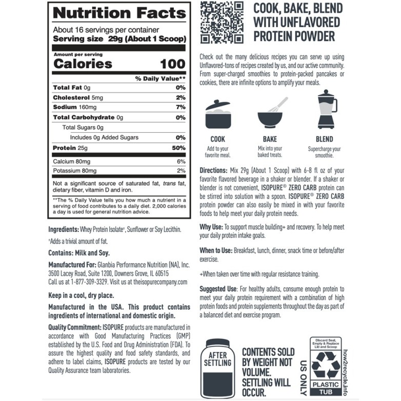 Isopure Zero Carb Protein Powder, Proteina Izolata Din Zer, Fara Aroma, 454 G