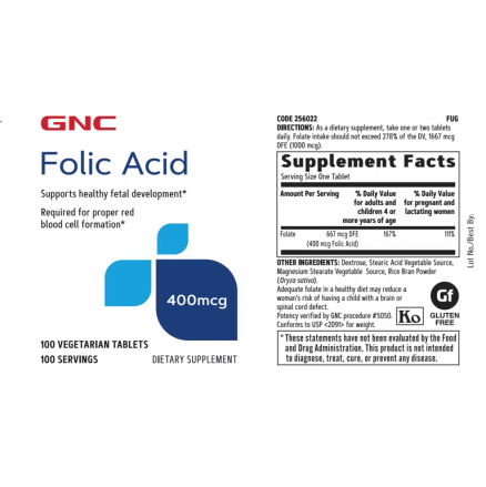 Folic acid 400 mcg, essential B9 vitamin for cell growth and immunity (100 tb), GNC Live Well
